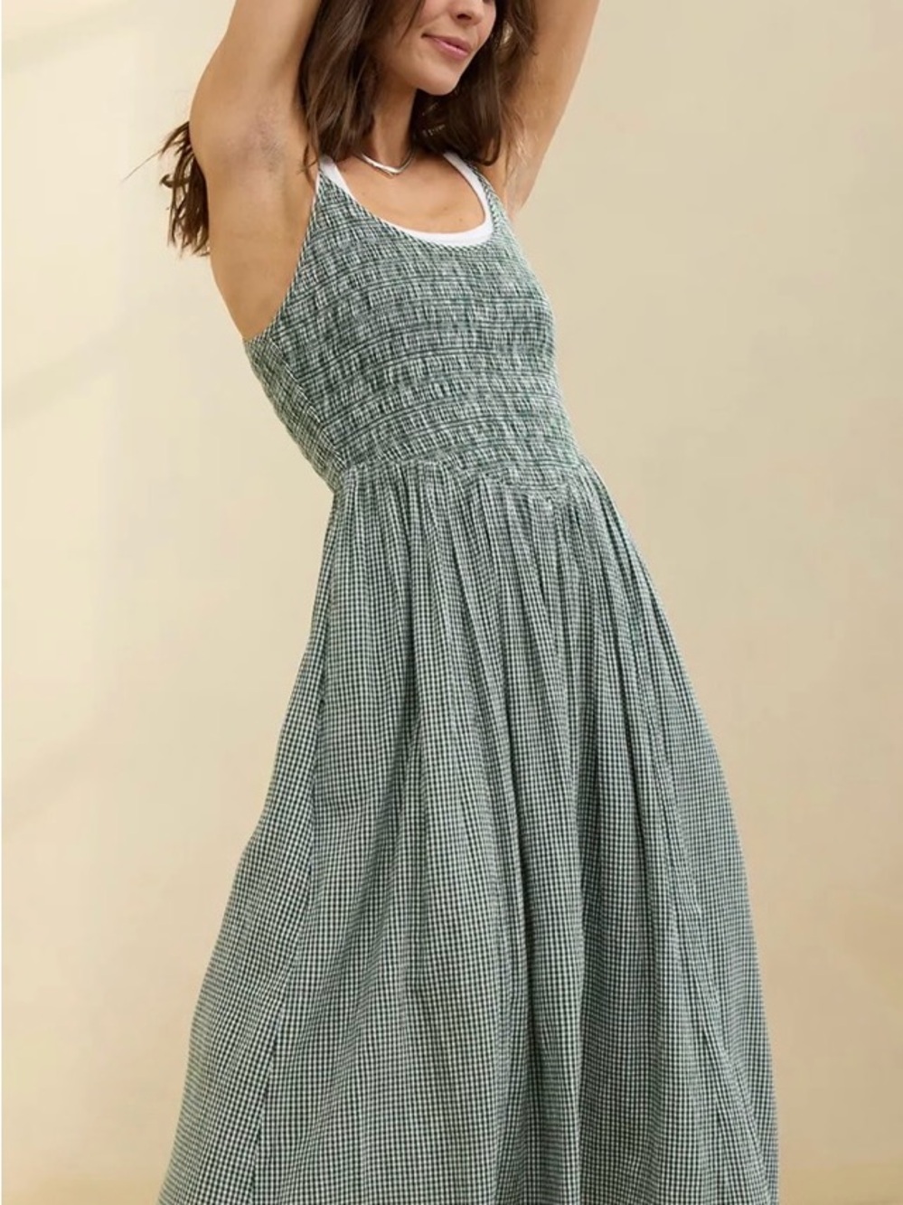 aerie Green Gingham Smocked Maxi Dress